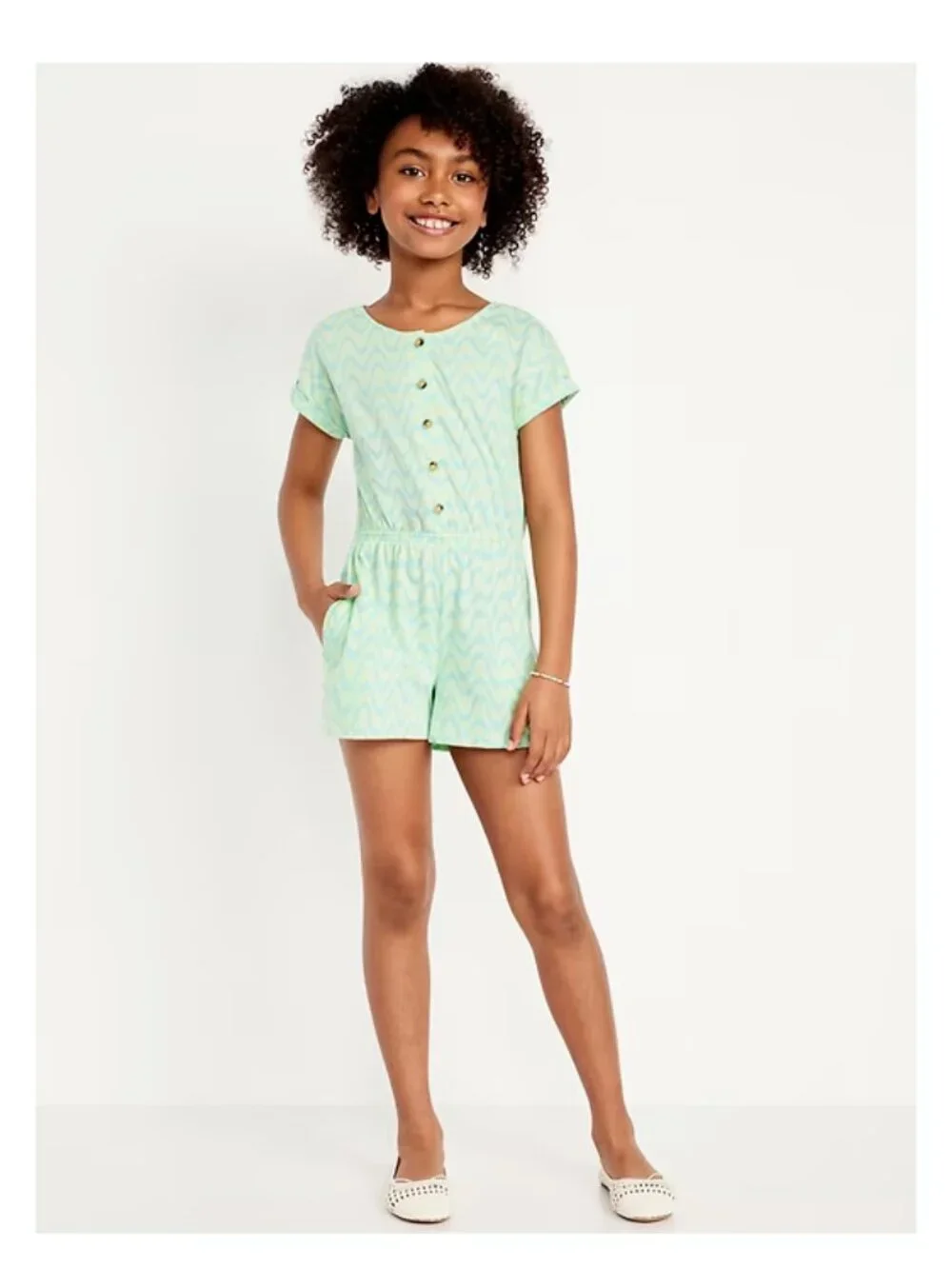 Old Navy Printed Short-Sleeve Button-Front Romper for Girls Green Wave S